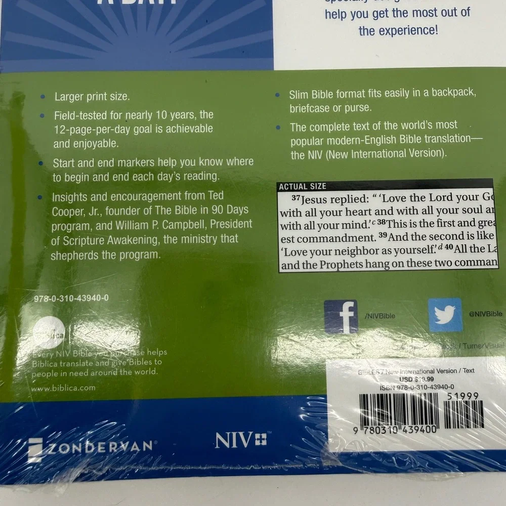 NIV‎ Bible in 90 Days Paperback Zondervan New International Version Large Print